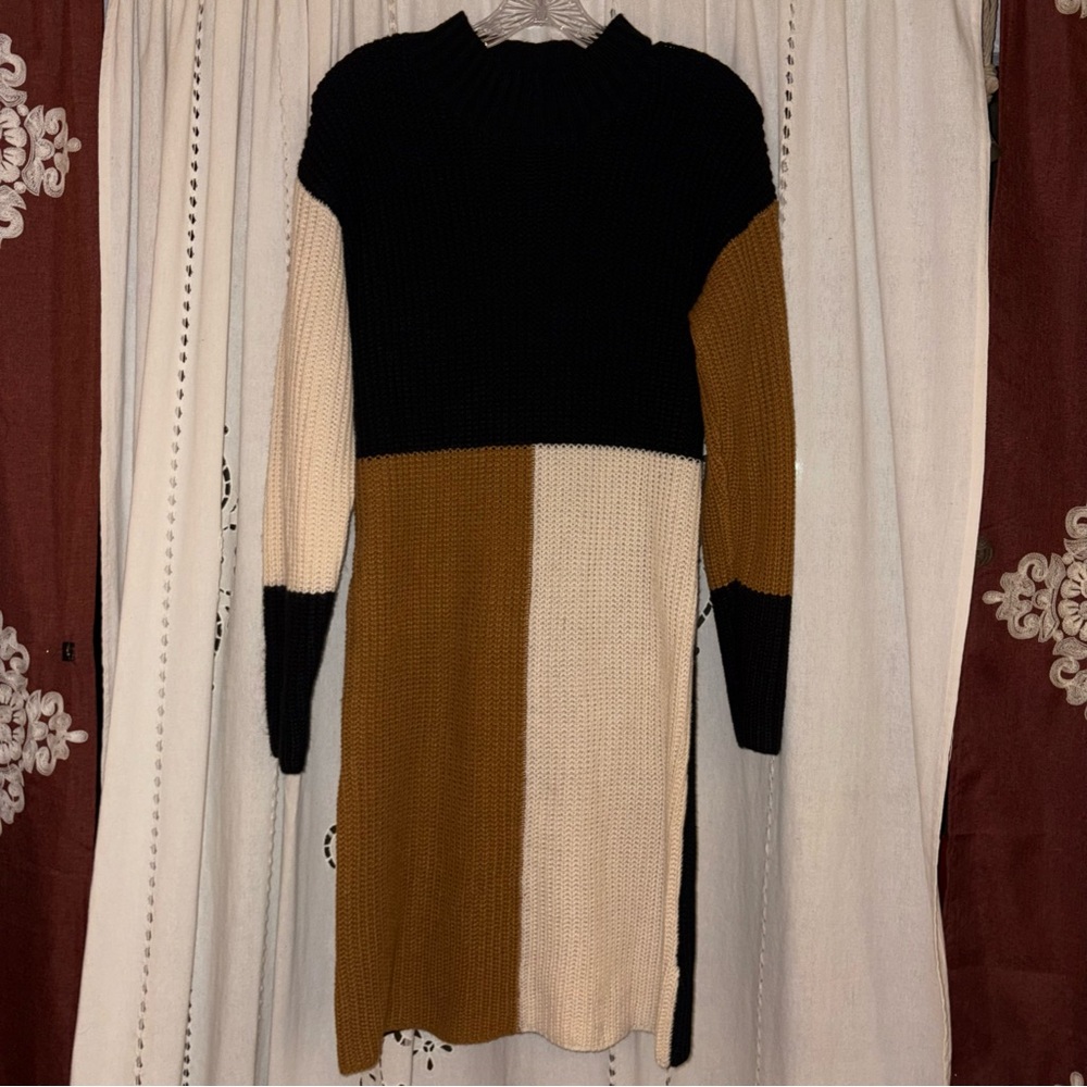 Venus Colorblock Sweater Dress in Black, Cream & Brown Size Medium - Picture 3 of 11